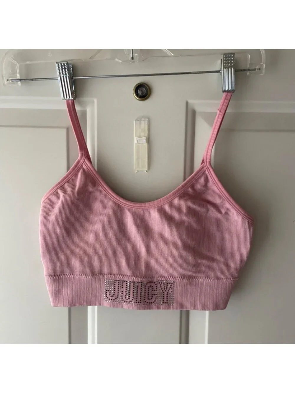 Y2K Juicy Couture Rhinestone Spellout Sports Bra Pale Pink M Adjustable Glam